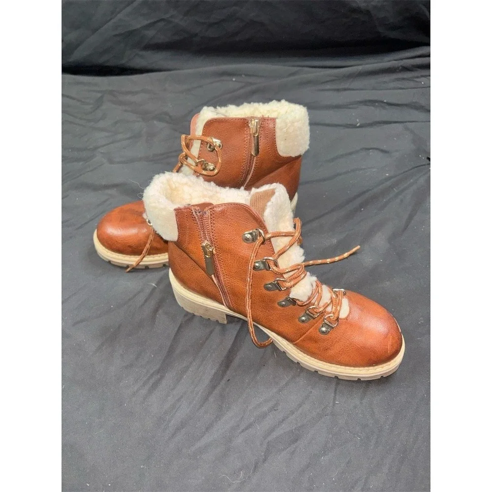 Petit Nord Teens's Brown Sherpa Lined Hiker Ankle Boots Lace Up Side Zip‎ Size 3